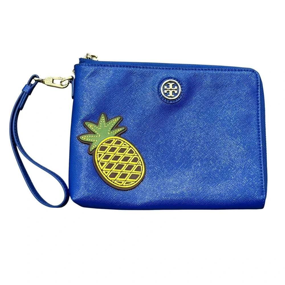 Tory Burch Wristlet Cobalt Blue Saffiano Leather Pineapple Zip Clutch Wallet Bag
